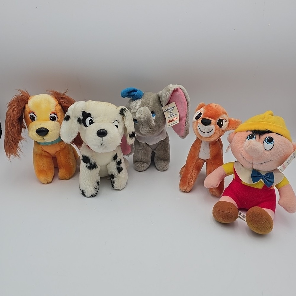 Vintage Disney 7" Plush 101 Dalmations Dumbo Lady Tramp Pinocchio‎ Bambi Animals